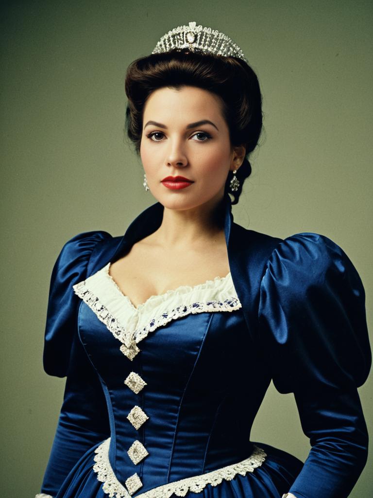Woman in Miss Elizabeth Costume Wearing Blue Satin Dress and Tiara Editorial Portrait