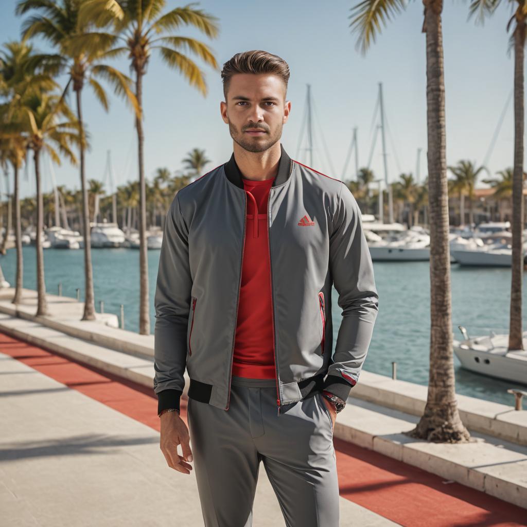 Confident man in grey and red jacket on promenade with yachts