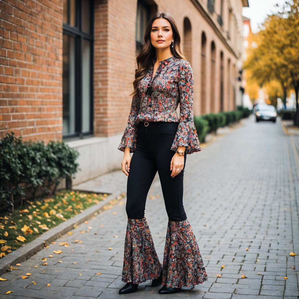 Stylish Woman in Floral Blouse on Autumn Street