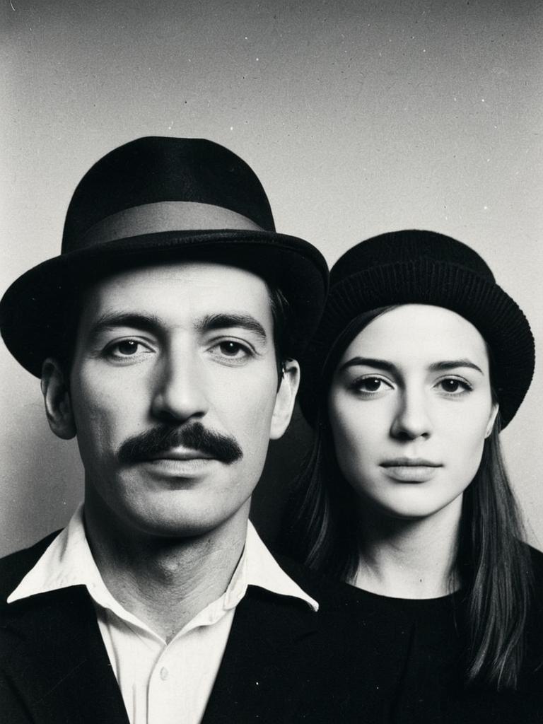 Black and White Portrait of Man and Woman Wearing Hats with Classic Style