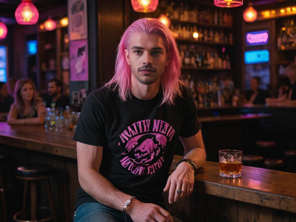 Stylish young man with pink hair in bar