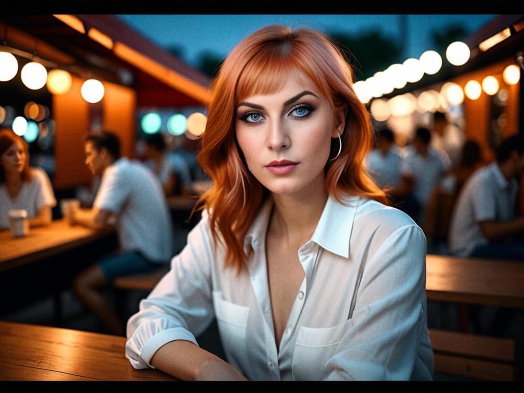 Portrait of a Woman with Blue Eyes and Red Hair in Market