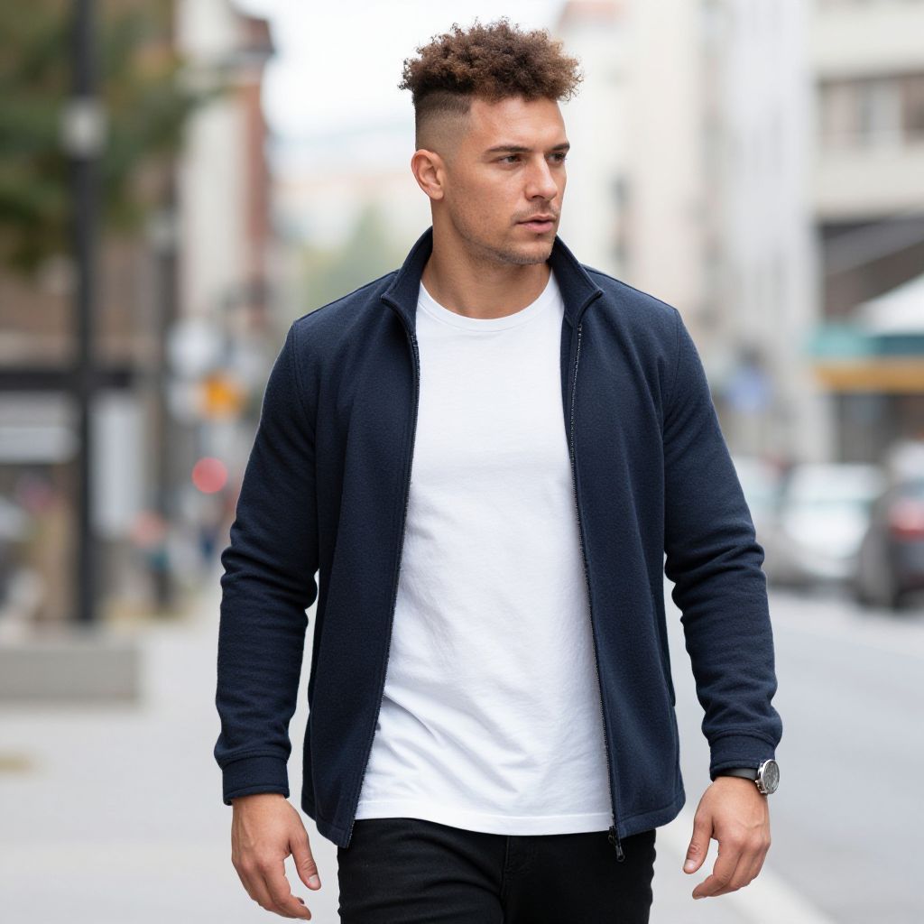 Young Man in Casual Urban Outfit Walking on City Street