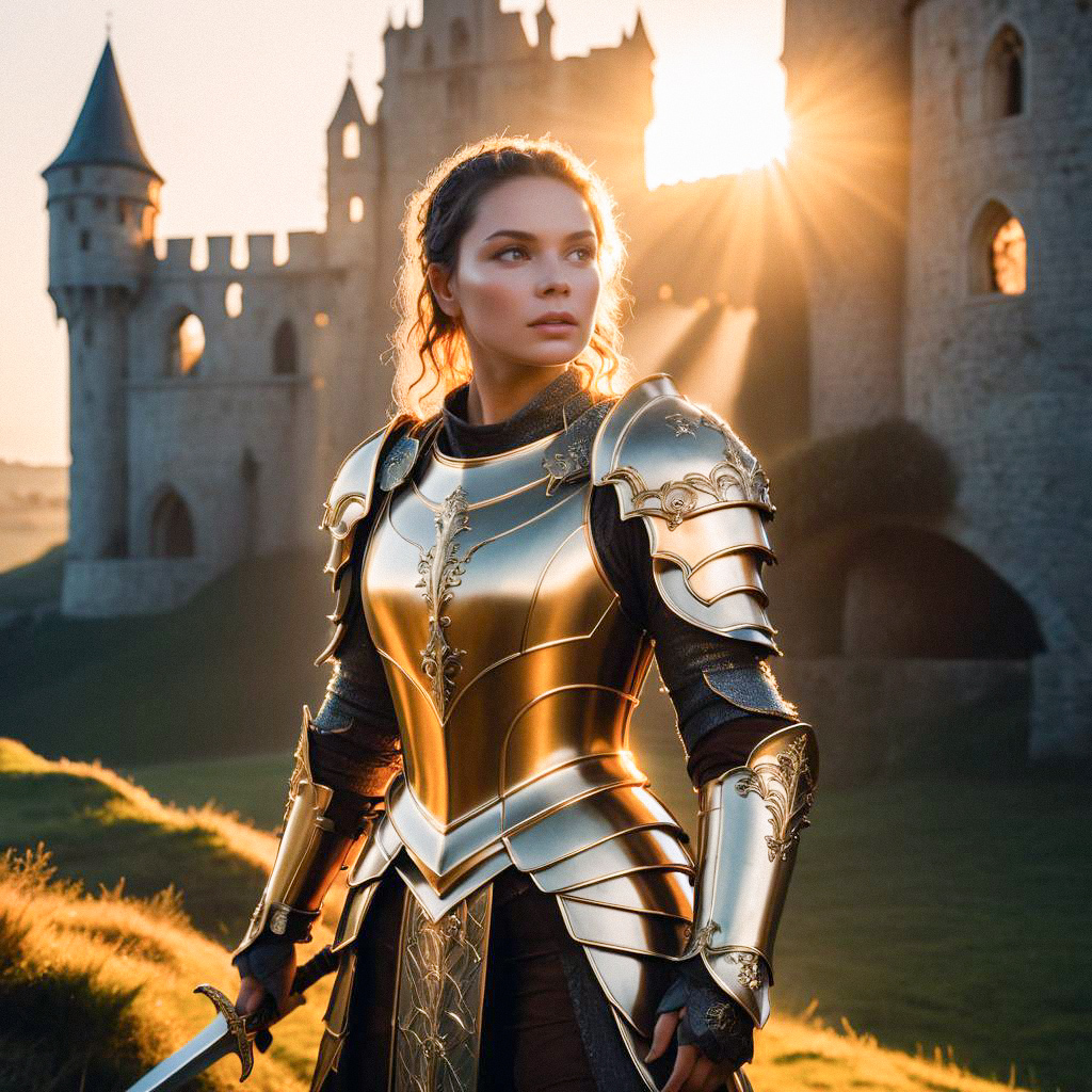 Female Warrior in Golden Armor at Sunset