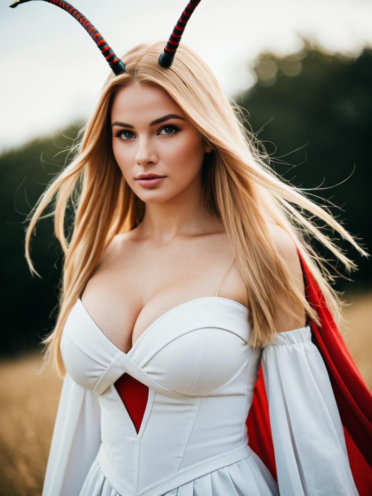 Fantasy Earth Archetype Woman in White Dress with Antlers Outdoor Portrait