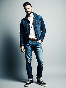 Man in Stylish Jeans Outfit with Denim Jacket Modern Fashion Photo