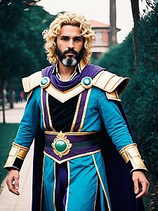 Man in Realistic Neptune Vasilias Cosplay Costume with Blue and Gold Armor