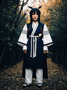 Realistic Ayumu Fujimori Cosplay Woman in Traditional Japanese Style Outdoors