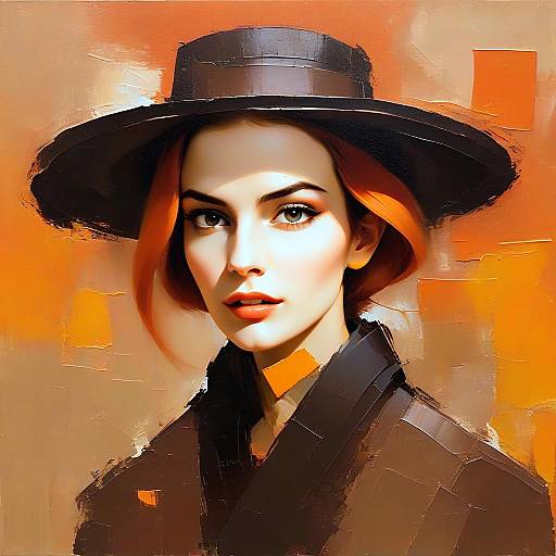 Portrait of Woman with Red Hair and Black Hat in Modern Painterly Style