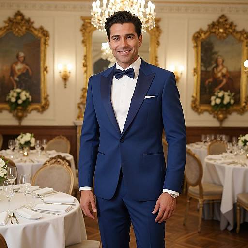 Elegant Man in Blue Tuxedo at Luxury Formal Dining Room