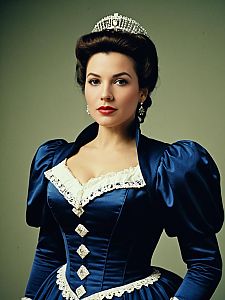 Woman in Miss Elizabeth Costume Wearing Blue Satin Dress and Tiara Editorial Portrait