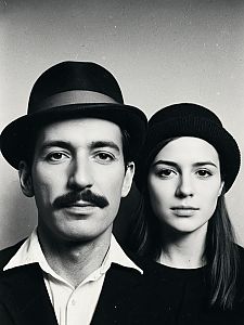Black and White Portrait of Man and Woman Wearing Hats with Classic Style