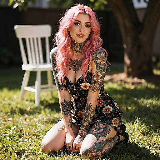 Woman with Pink Hair and Floral Tattoos in Garden Setting