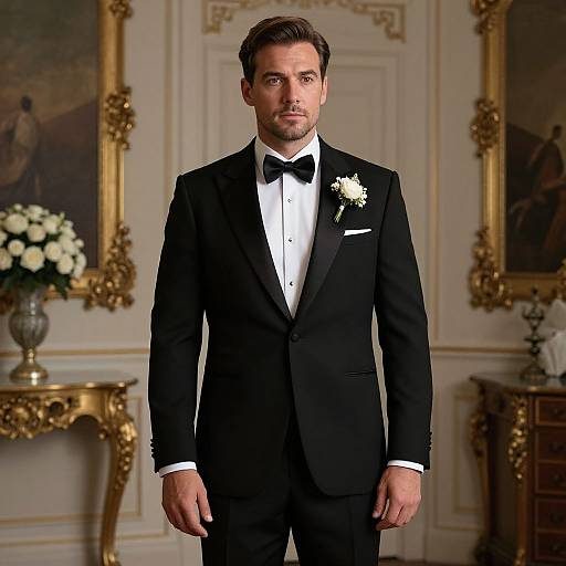 Elegant Man in Black Tuxedo with Bow Tie in Luxury Interior vllm2603311110lda1