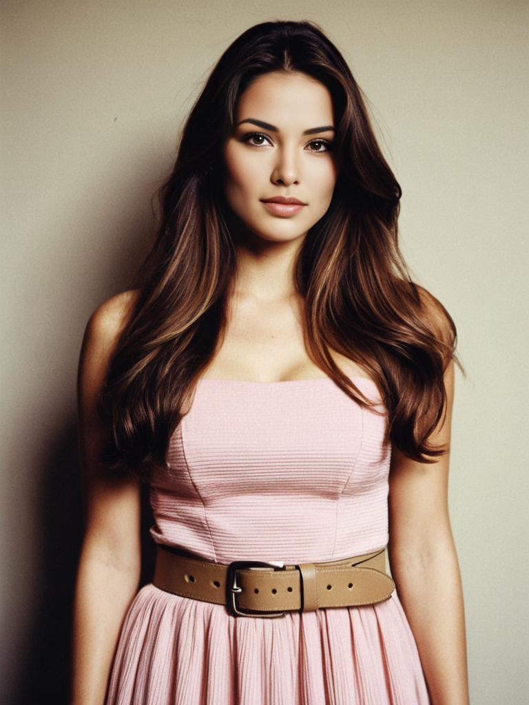 Portrait of Woman in Pink Strapless Dress with Brown Belt