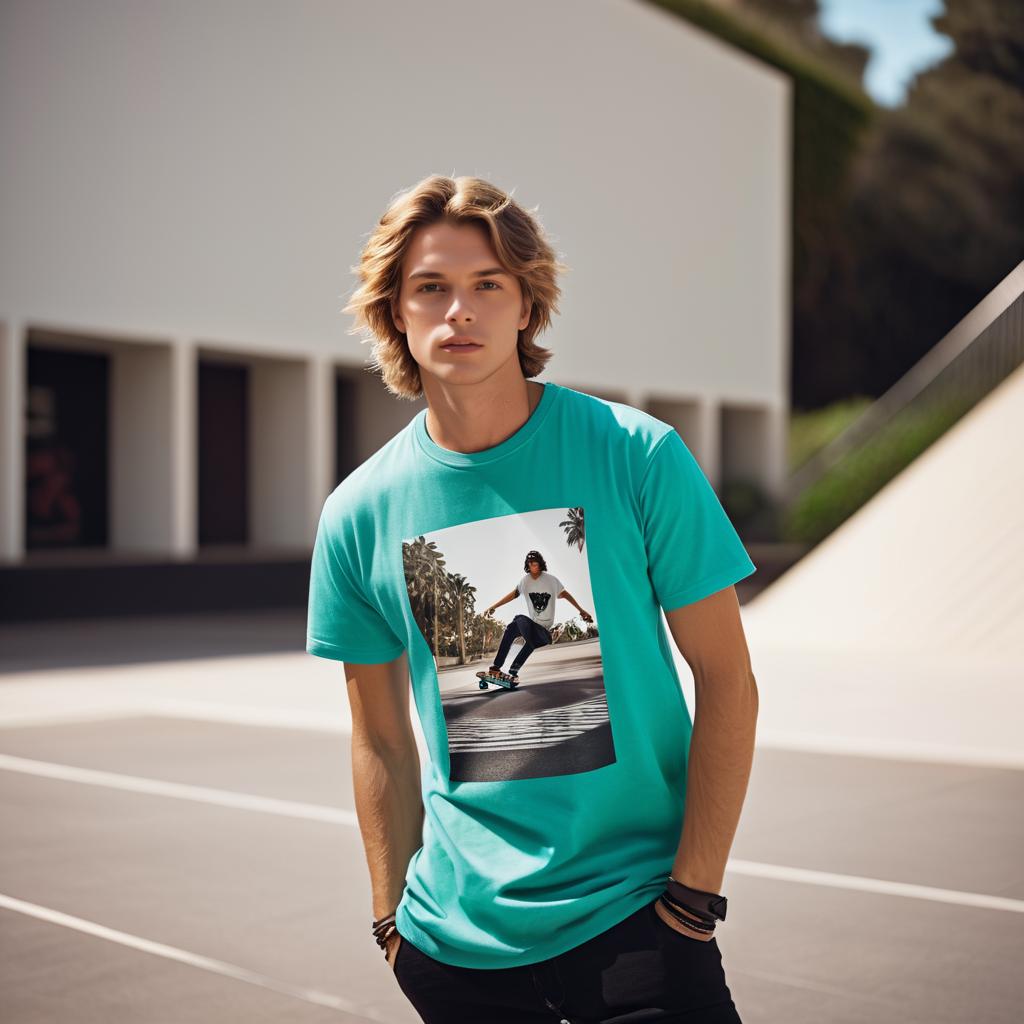 Stylish Young Man in Turquoise T-Shirt with Skateboarding Graphic