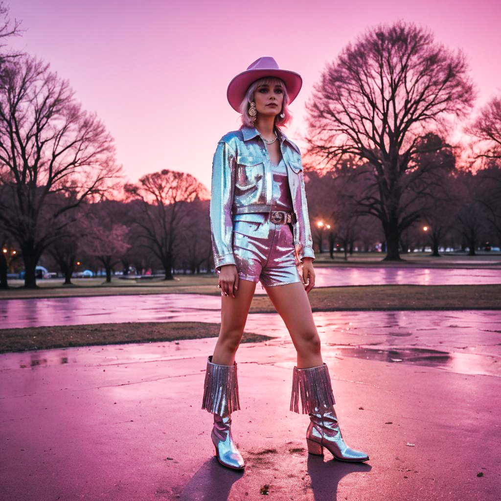 Stylish Woman in Shimmering Outfit at Sunset