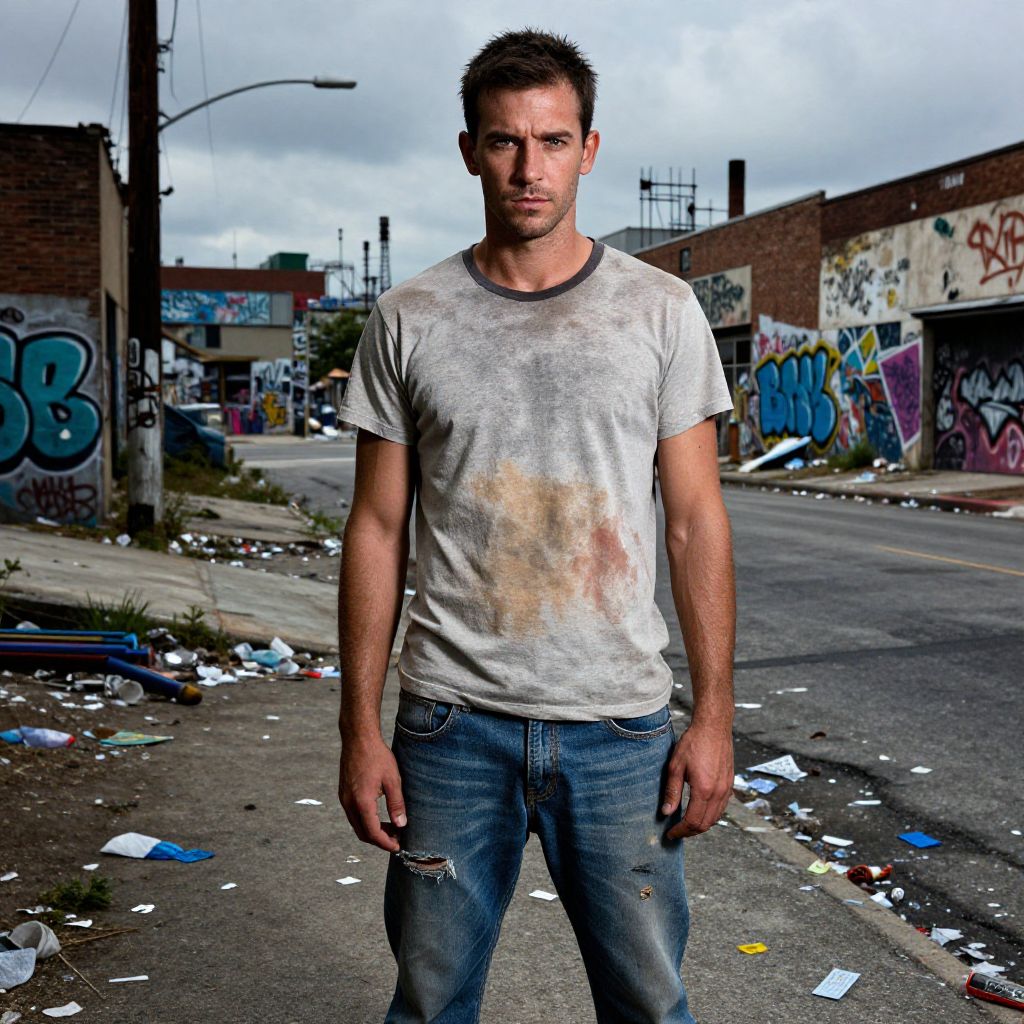 Man in Worn T-Shirt and Ripped Jeans in Urban Graffiti Street Scene