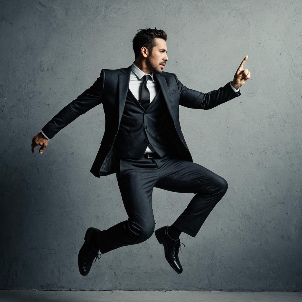 Dynamic Portrait of Man in Black Suit Jumping Against Gray Background