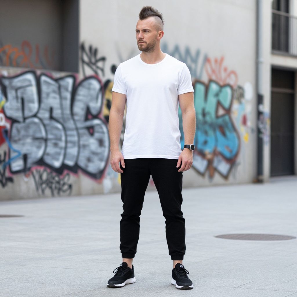 Man in White T-Shirt and Black Joggers Standing by Urban Graffiti Wall