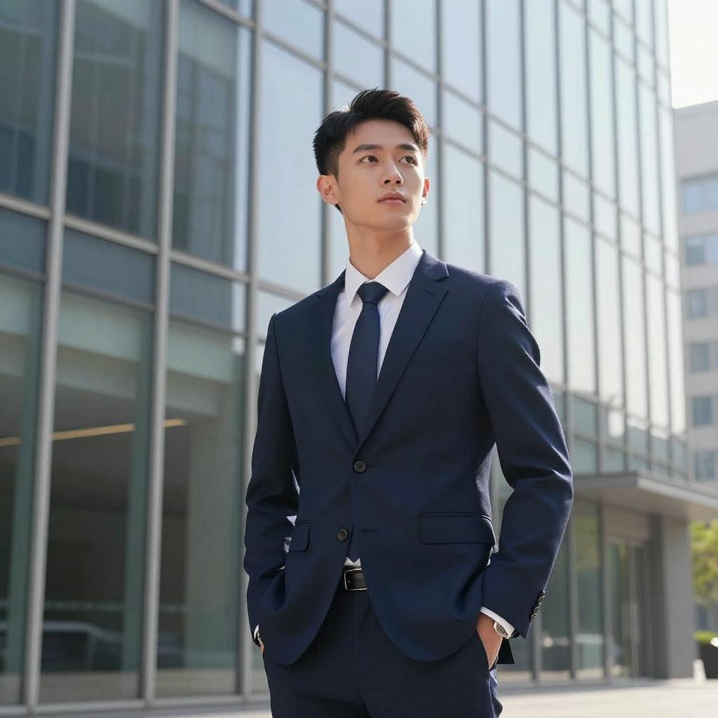 Confident Young Man in Navy Blue Suit Outside Modern Office Building