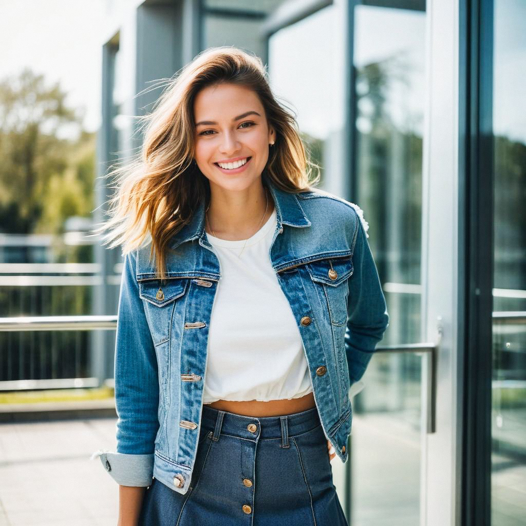 Smiling Young Woman in Denim Outfit Near Glass Building