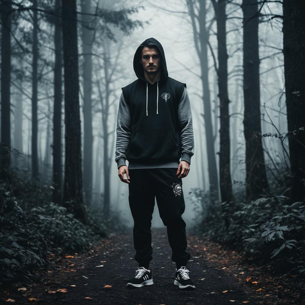 Young Man in Hoodie on Foggy Forest Path