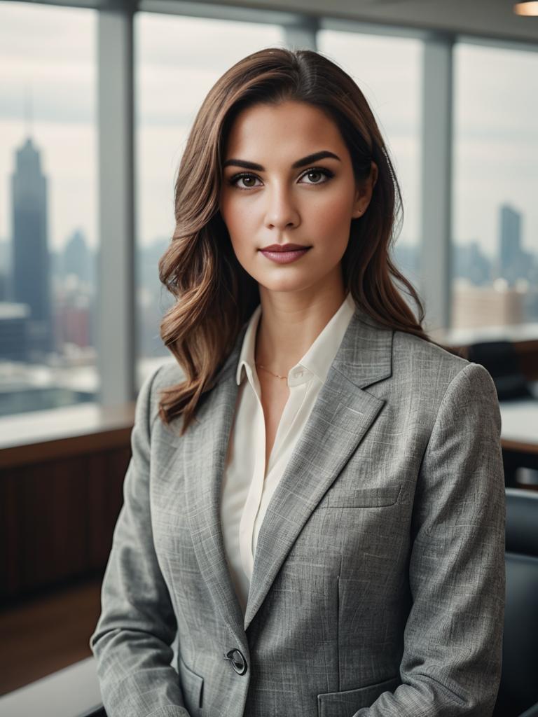 Confident Woman in Modern Office with City View