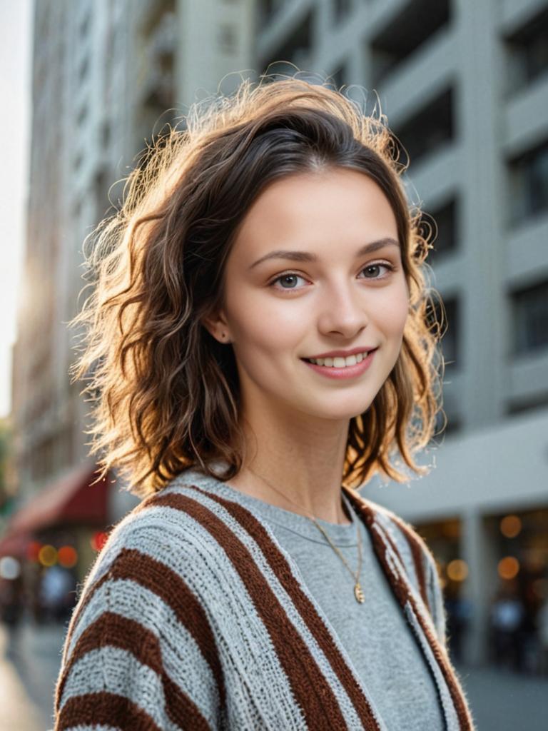 Woman in Striped Cardigan on City Street