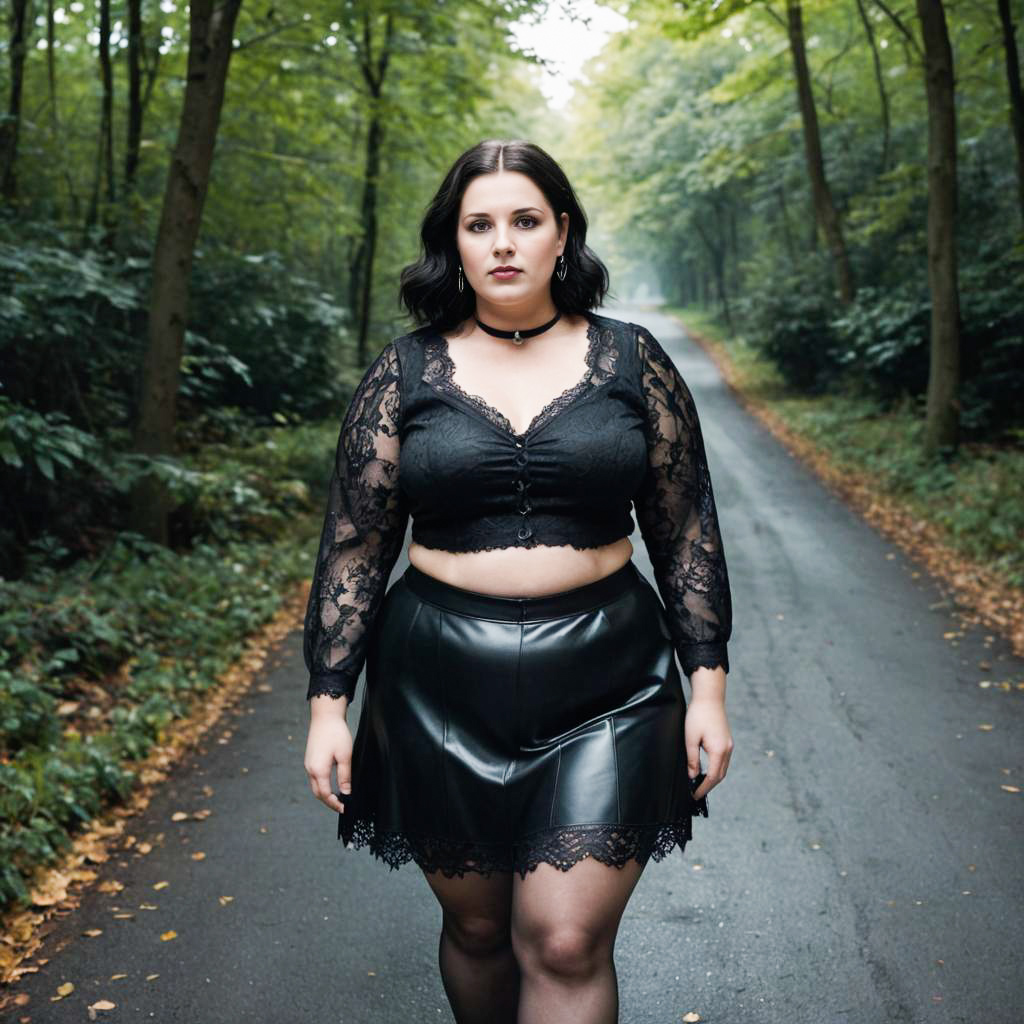 Confident Woman in Stylish Outfit on Forest Path