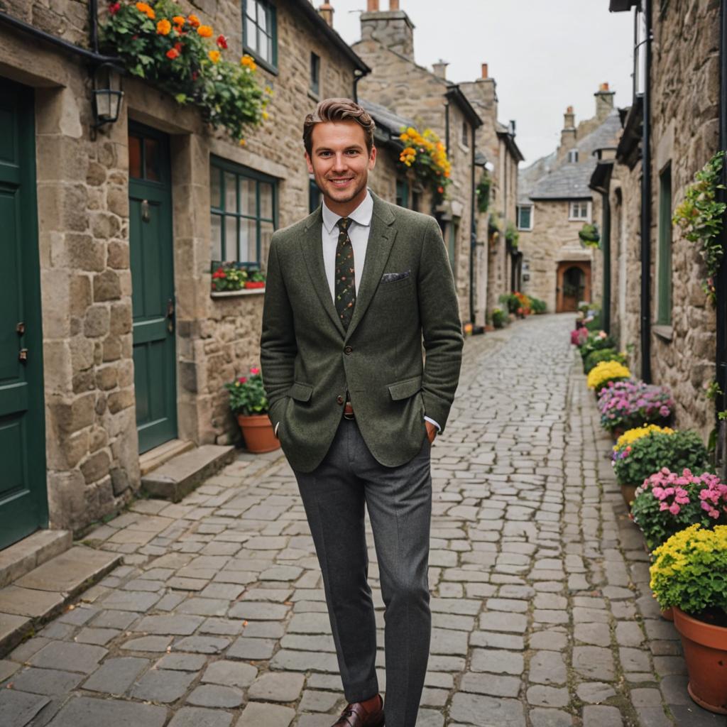 Well-Dressed Man on Cobblestone Street