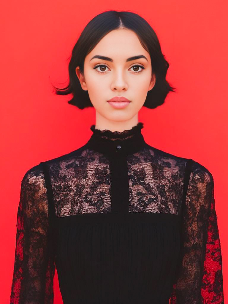 Elegant Woman in Black Lace Dress on Red Background