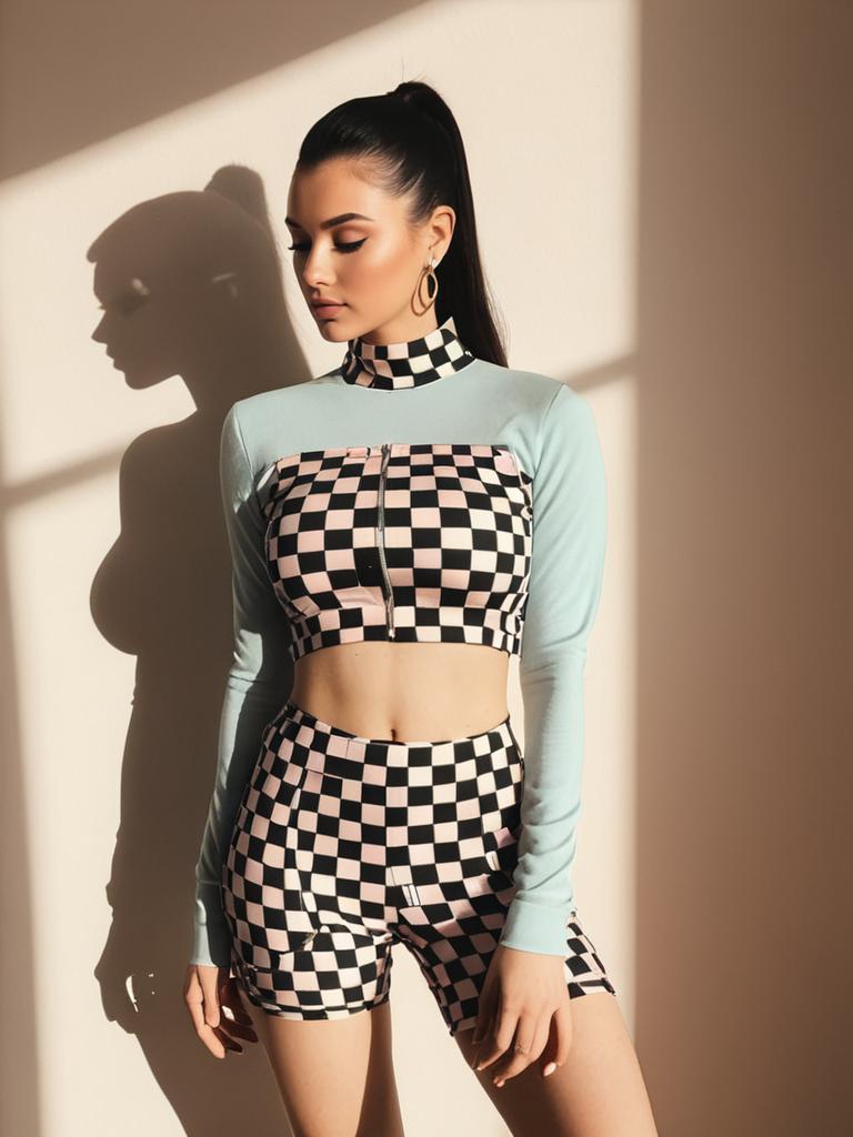 Woman in Modern Street Style Checkerboard Print Two-Piece Outfit
