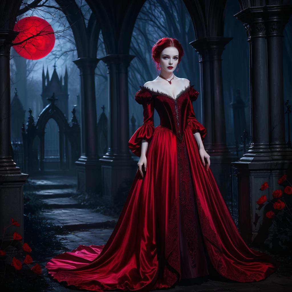 Woman in Red Gown in Gothic Setting