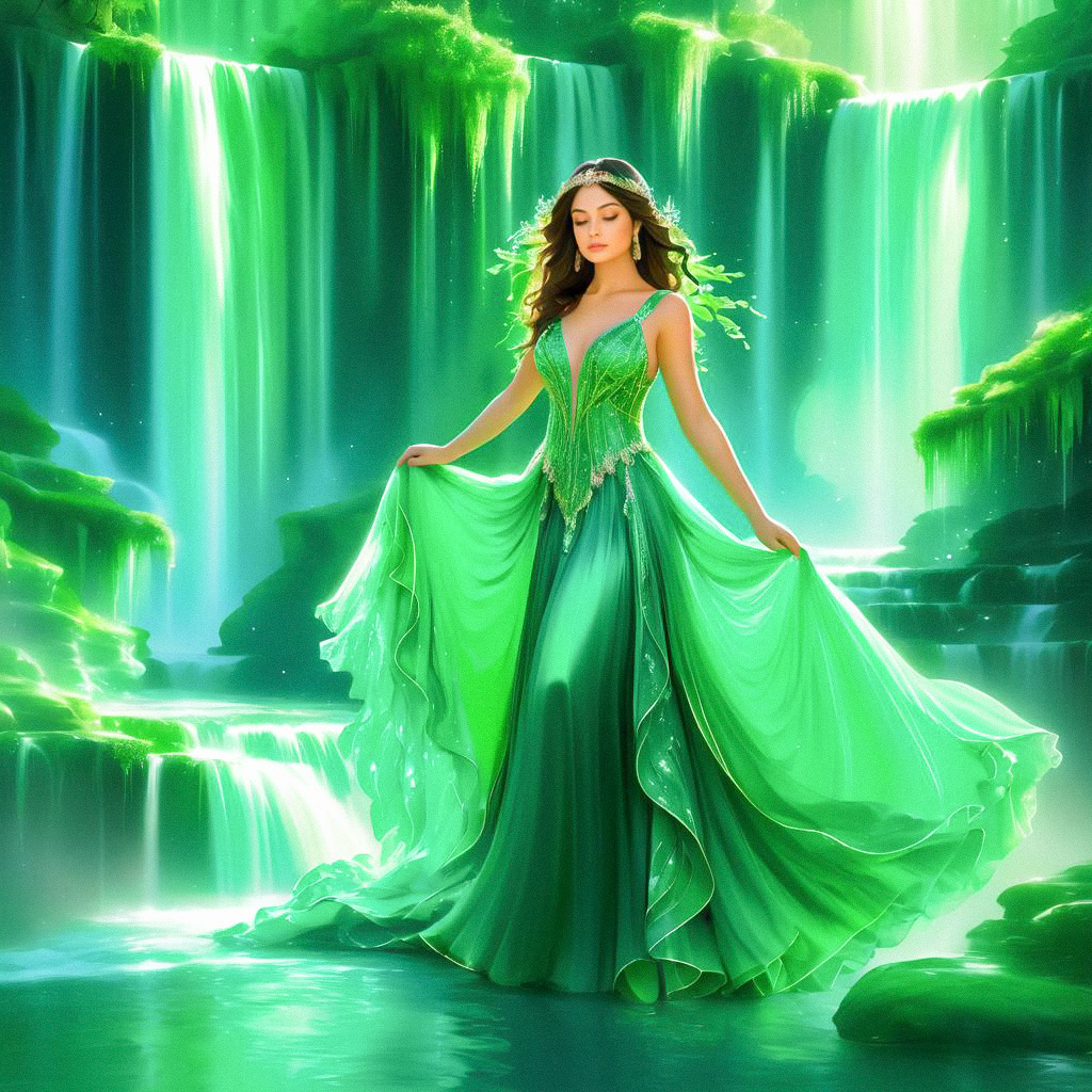 Elegant Woman in Green Gown by Waterfall