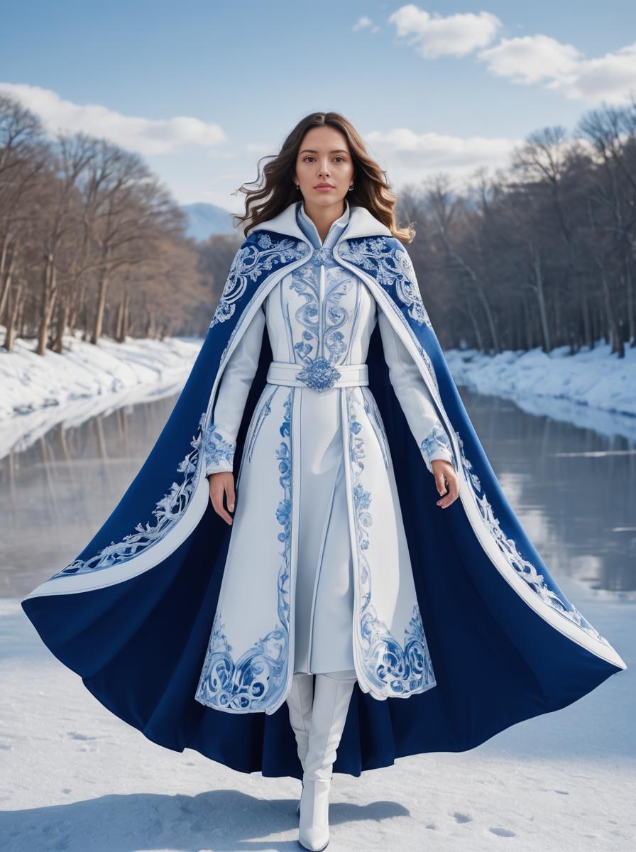 Elegant Woman in Blue and White Cape Dress by Snowy Riverbank