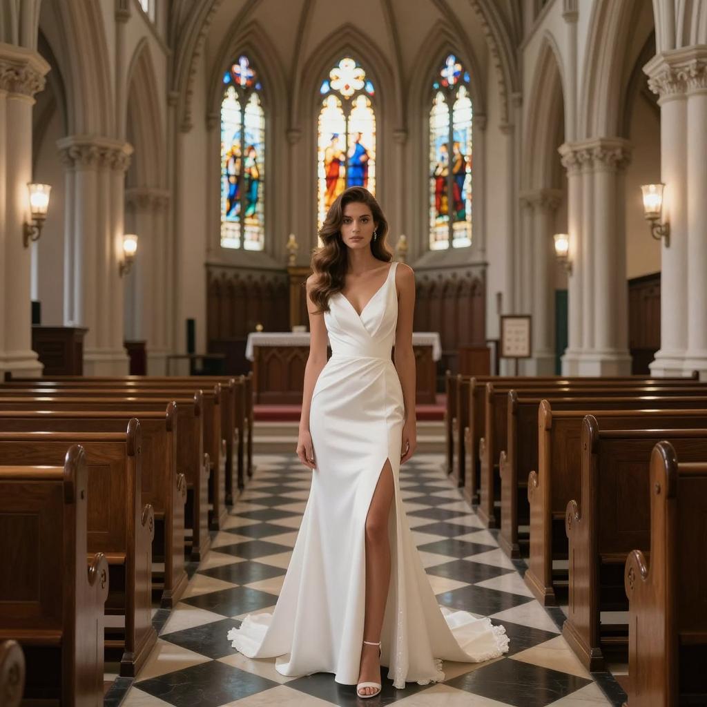 Elegant Bridal Gown in Gothic Church Aisle with Stained Glass
