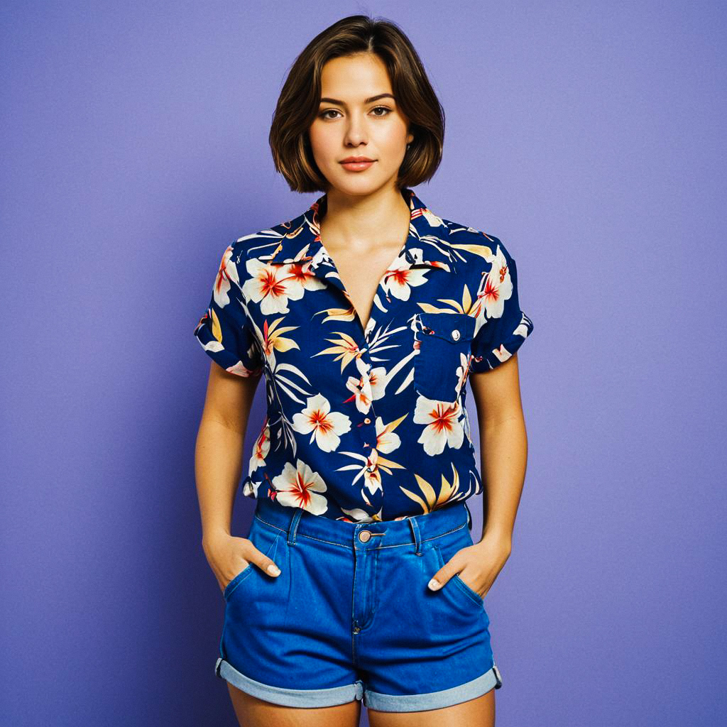 Confident Young Woman in Floral Shirt and Denim Shorts