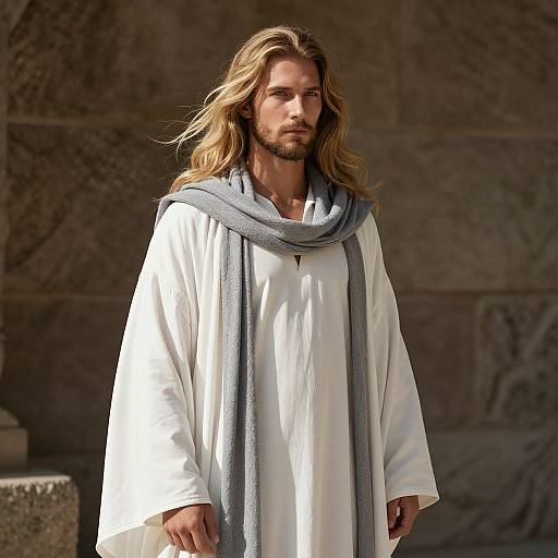 Man in White Robe and Gray Scarf Against Stone Wall