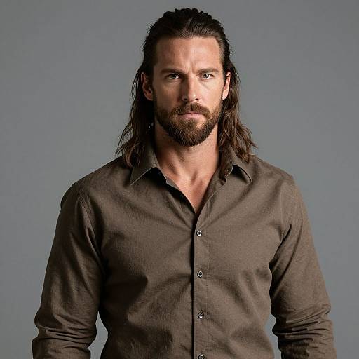 Portrait of Confident Man with Long Hair and Beard in Brown Shirt