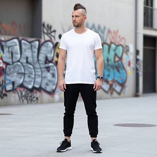 Man in White T-Shirt and Black Joggers Standing by Urban Graffiti Wall