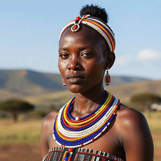 Beautiful Maasai Woman Wearing Traditional Beaded Jewelry in Natural Landscape