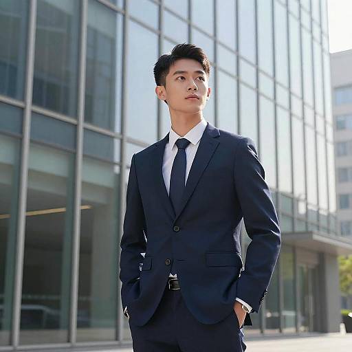 Confident Young Man in Navy Blue Suit Outside Modern Office Building