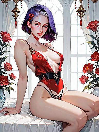 Realistic Digital Art of Woman in Red Satin Crotchless Bodysuit with Purple Hair