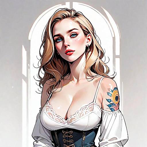 Digital Portrait of Blonde Woman with Tattoo in Anime Style