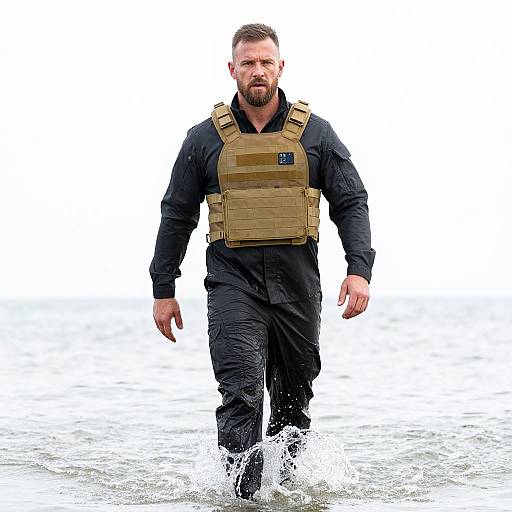 Man in Tactical Gear Walking Through Water in Military Training