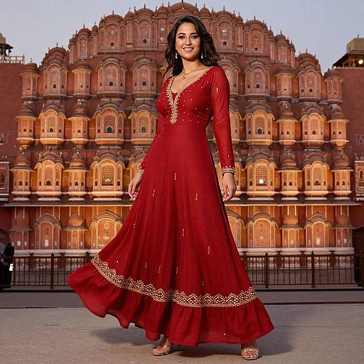 Woman in Traditional Red Dress Posing in Front of Hawa Mahal Jaipur