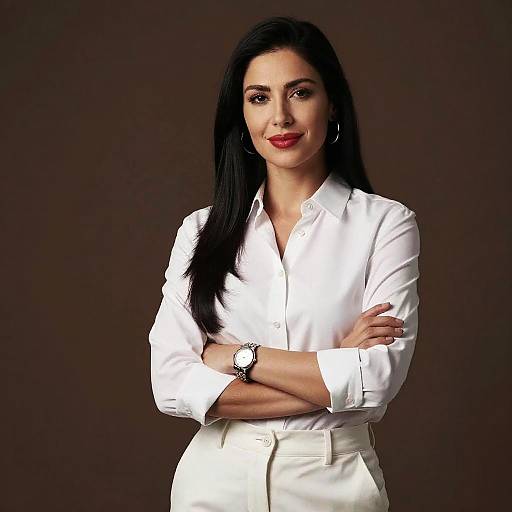 Confident Woman in White Shirt Posing Against Brown Background