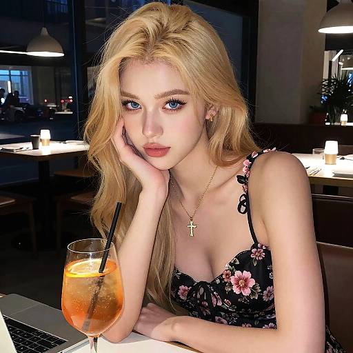 Blonde Woman in Floral Dress Enjoying Evening Drink in Trendy Restaurant