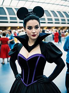 Woman in Disney Villain Cosplay Costume with Mickey Mouse Ears at Convention